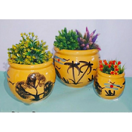 3 Yellow Handi Shape Ceramic Pots